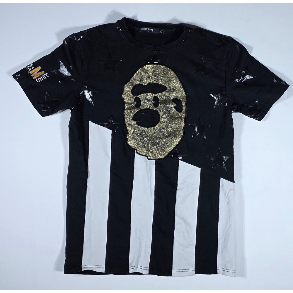 Hudson Outerwear Men's Graphic T-Shirt Black White Stars Gold Ape Head Small